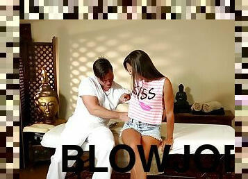 She pays her masseuse by giving him an amazing blowjob