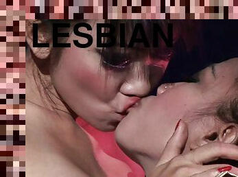 Sexy lesbian bitches in fishnet engage in hardcore strapon fucking