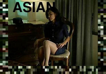 Asian dame in miniskirt masturbating then getting banged hardcore missionary