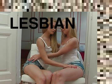 Lesbians bitches in shorts strip and lick pussy while fingering