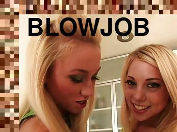 Two hot blondes sucking and fucking a lucky guy in a threesome