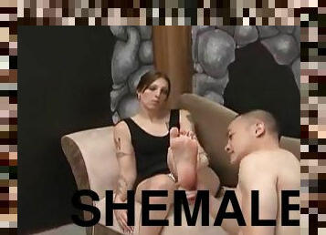 Charming foot fetish shemale being awarded with superb blowjob