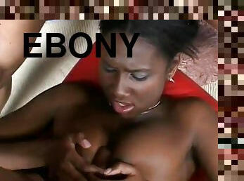 Fancy ebony giving steamy titjob before getting hammered hardcore in threesome sex