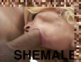 A guy plows a shemale in her tight ass then fills her with cum