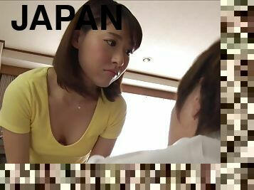 Japanese hottie gets her tits licked while giving a handjob