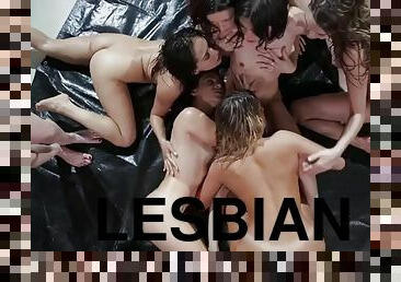 Raunchy lesbian babes have a massive orgy fuck fest party