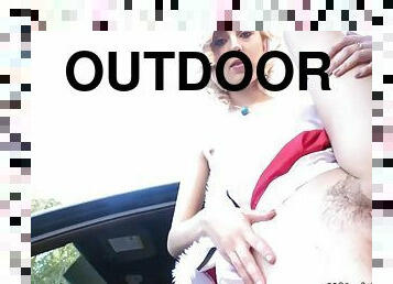 Blonde Santa teen fucks outdoors pov