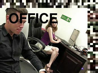 Nerdy girl services cock at the office gloryhole