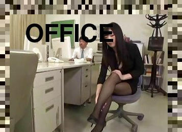 Kinky foot fetishist worships her nylon clad legs in the office
