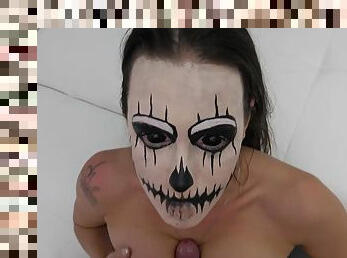 Bitch sucks dick naked with a scary make up on her face