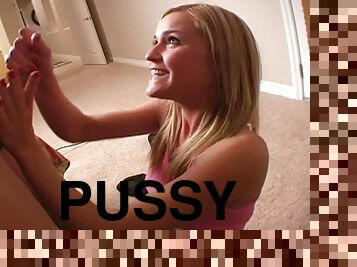 Blonde cutie with perfect shaved pussy grinds cock