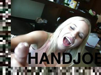 Smiley blonde hottie gives handjob POV style