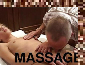 Blonde beauty receives full massage