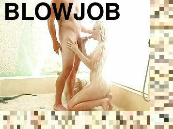 Lusty white girl rides her boyfriend in the shower
