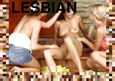 Sexy lesbians eat pussy and play outdoors
