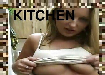 Blonde bombshell Avy blows and gets fucked in the kitchen