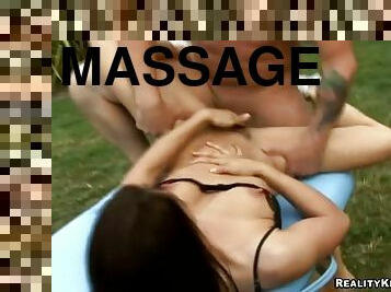 Sexy Massage Outdoors Ends with Hardcore Fuck for the Brunette Masseuse