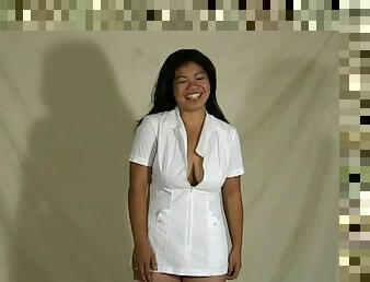 Curvy Asian in a short white dress gives a lovely rubdown