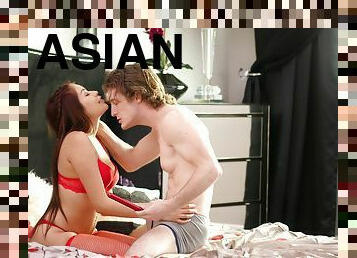 Boyfriend fucks Asian in red lingerie for a wild round