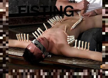 Clamped twink endures master's dirty fetishes until the end