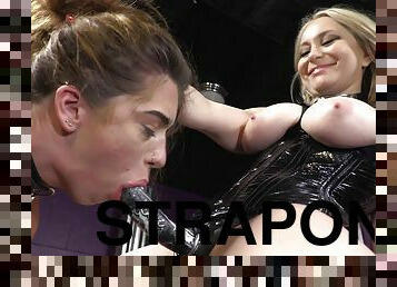 Dominant blonde uses huge strap-on on slave girl's ass