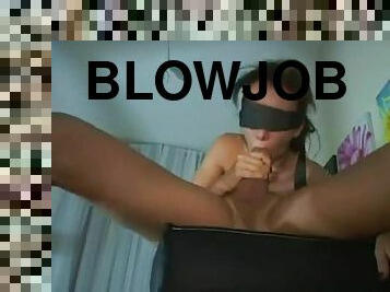 Blindfolded girl has her face fucked