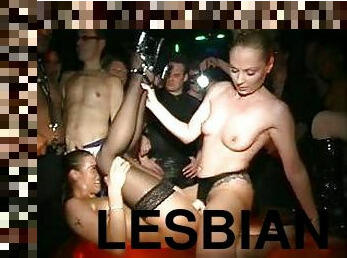 Lesbian strapon sex in club as people watch