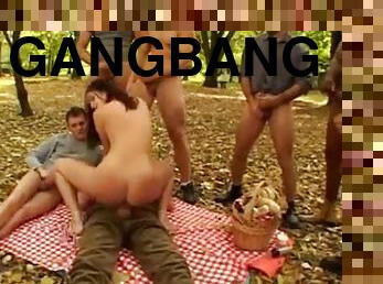 Girl gangbanged in the leaves outdoors