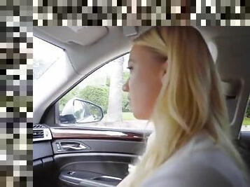 Smooth blonde chick sucks cock and bounces in the car