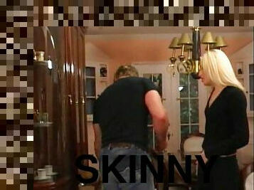 Skinny blonde and the muscular man going at it