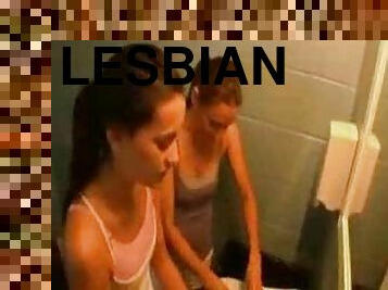 Two hot and slender girls go lesbian in gym