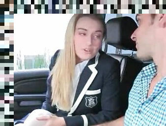 Gorgeous blonde schoolgirl sucks cock in car