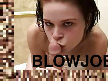Bathroom blowjob from showered girl