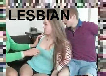 Mom and teen have lesbian sex while he watches