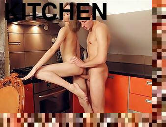 Shy doll tries sex in the kitchen with the new BF