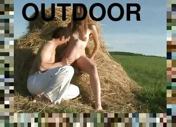 Hot outdoors sex in a hay stack with sexy teen