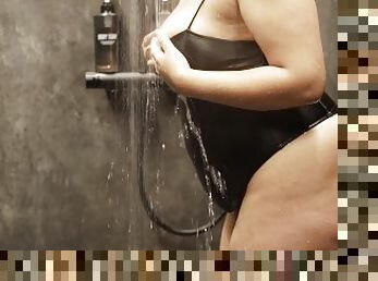 HOT SEXY BLACK BBW SHOWER SESSION IN LEATHER BODY SUIT