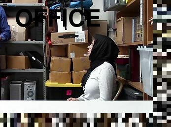 Big titted hijab teen gets a facial in the shop backoffice