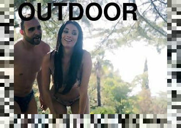 Raunchy slut with big tits rides a boner outdoors