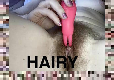Woke up horny and immediately started wanking my beautiful tight hairy pussy with my favourite vibrating toy 