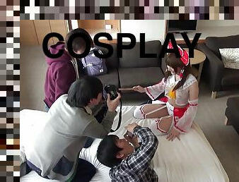 Cosplaying Japanese babe has group sex with three guys