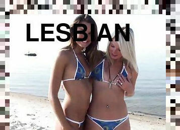 Super cute lesbian couple playing nude on the beach