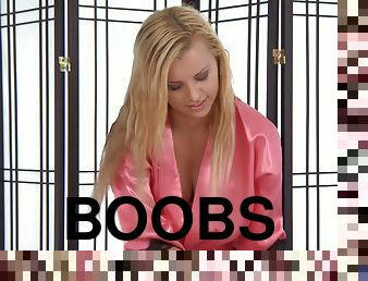 Big boobs blonde masseuse in pink satin sucks that dick