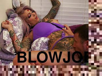 Heavily tattooed babe with purple hair gets her pussy pounded