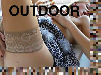 Animal print lingerie on outdoor masturbator