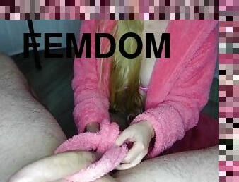 Fur job, pervert girlfriend jerk me off with her fur robe tail, edging handjob