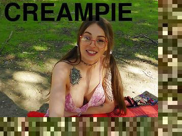 Nice fucking in the park ends with a creampie for cute Maddy May