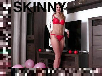 Skinny amateur Jeva drops her red lingerie and masturbates at home