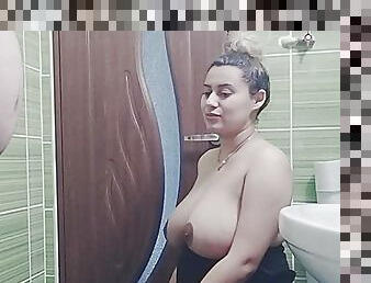 Hot boobs teen loves to blow dick in toilet