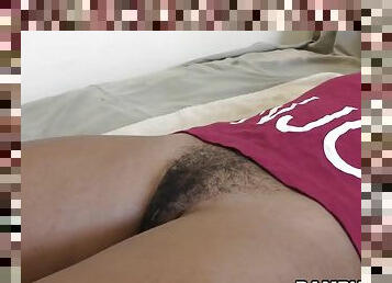 Black hairy cunt filled with hot cum from big white cock